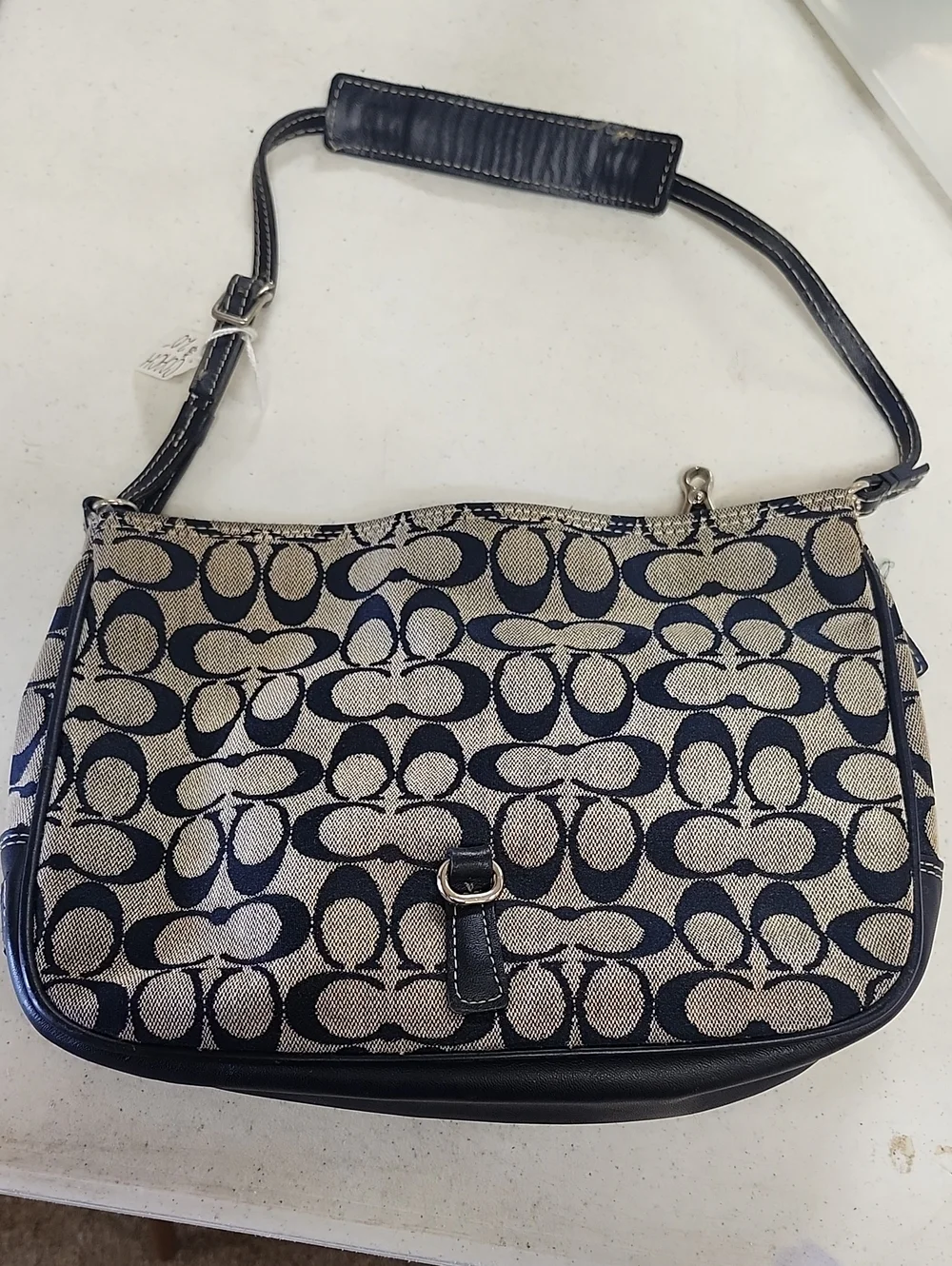 Coach Navy and Tan Signature Canvas Shoulder Bag